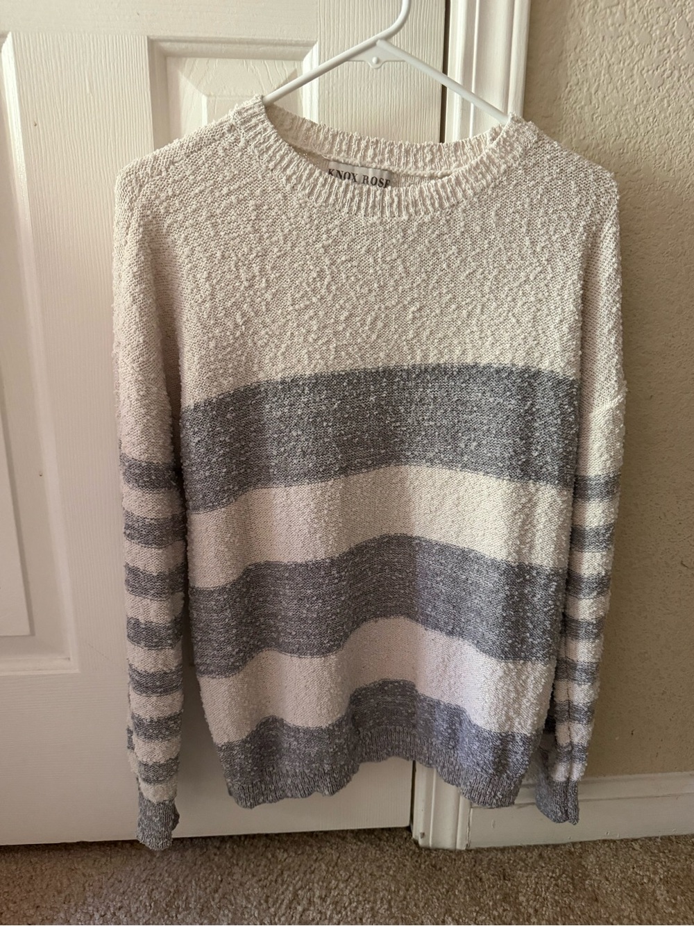 Knox Rose Cream and Gray Striped Crewneck Sweater
